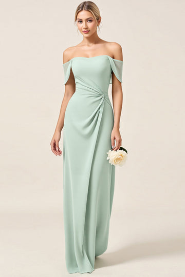 Mint Sheath Off the Shoulder Ruched Satin Long Bridesmaid Dress